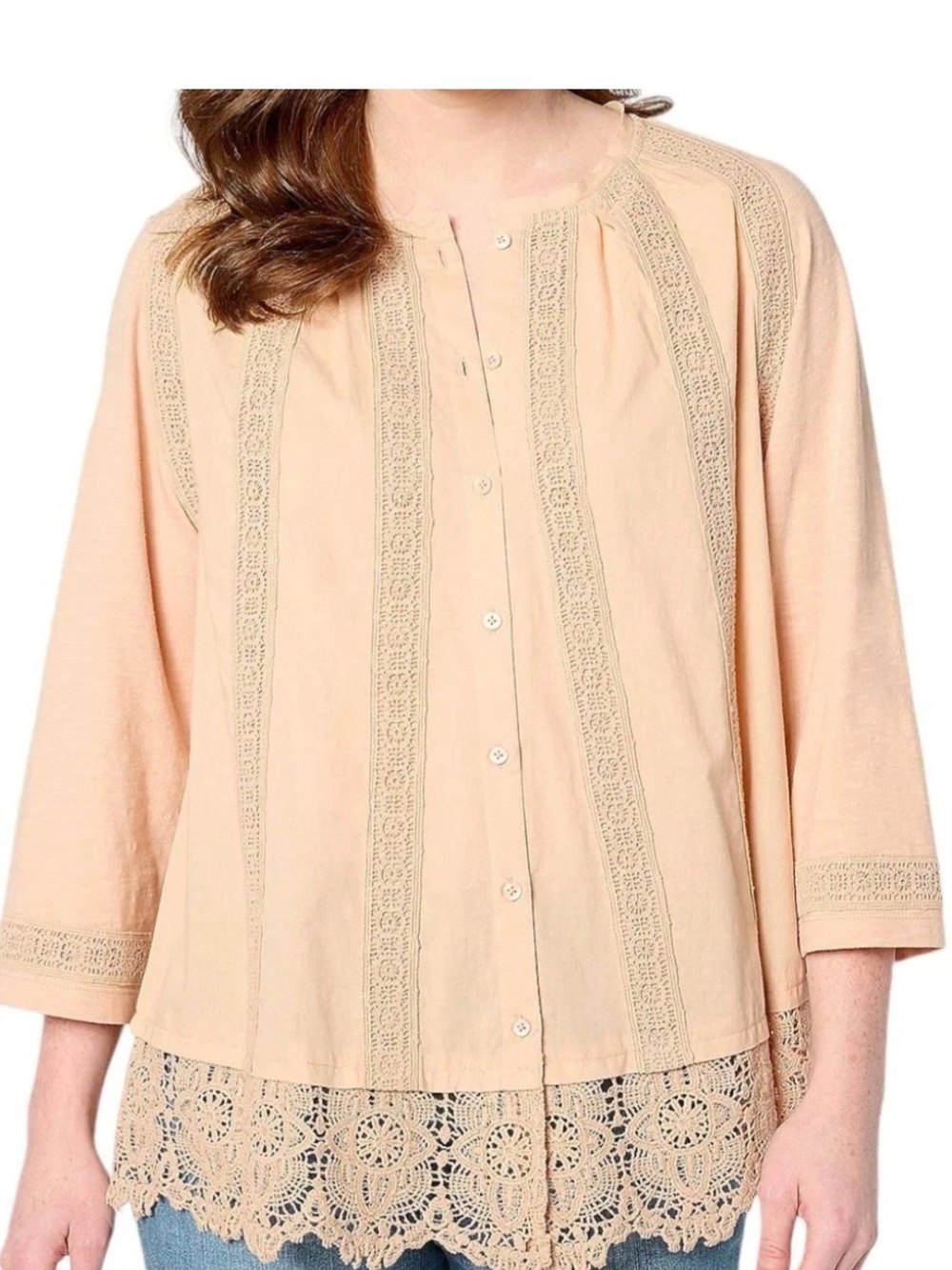 LOGO Lavish By Lori Goldstein Peach Crochet Lace Button Front Top L Cottagecore